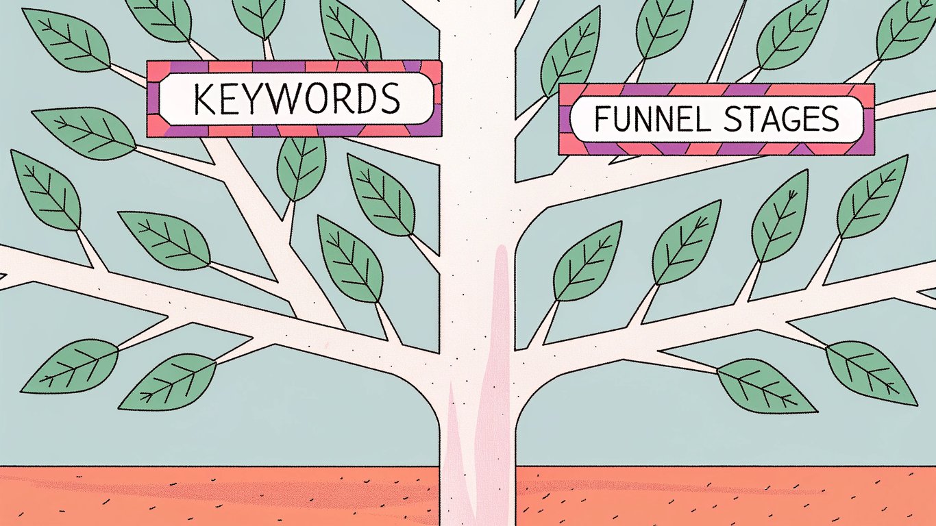 Tree diagram illustrating the organization of keywords by content type, funnel stage, and priority.