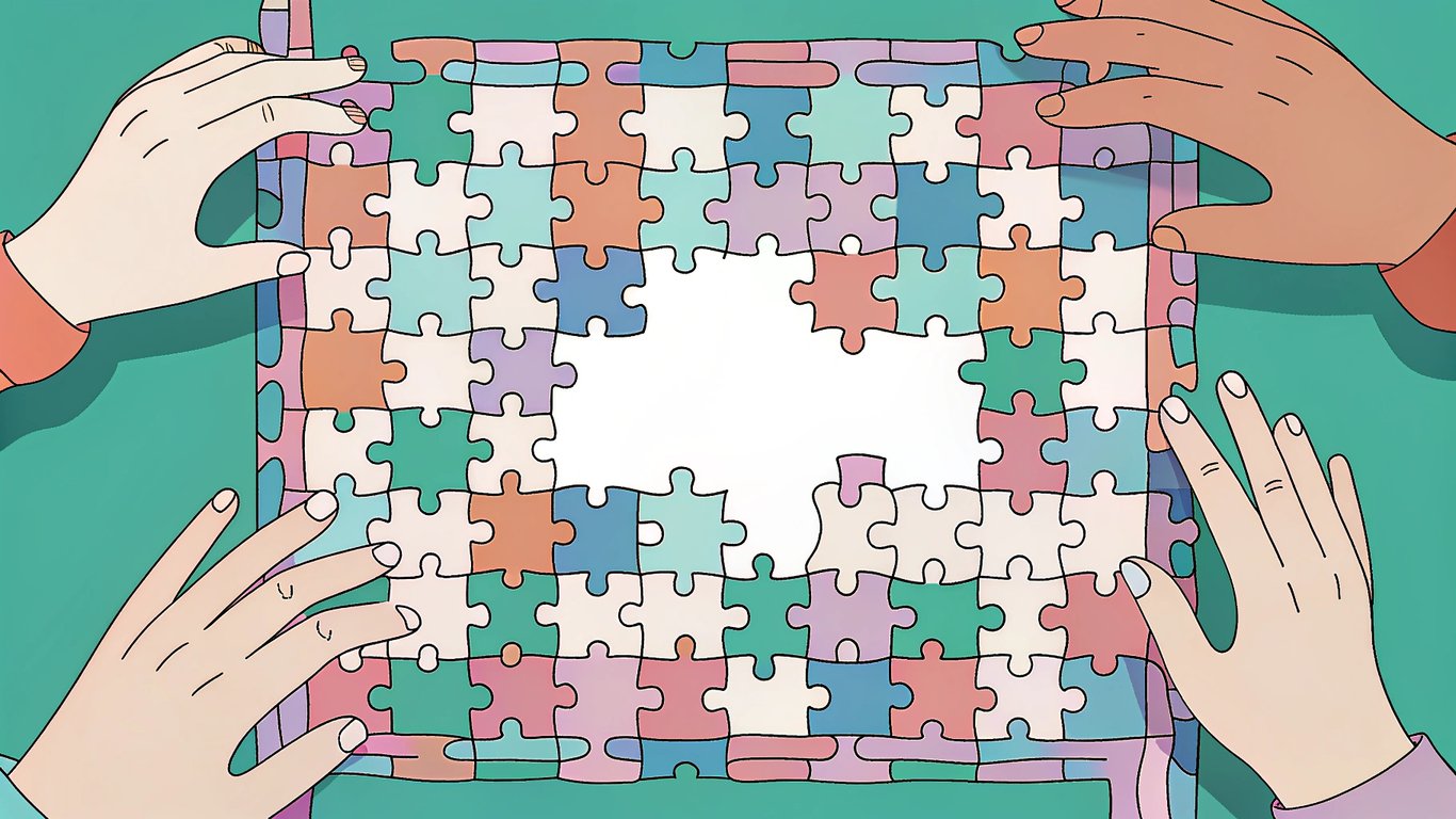 Puzzle pieces forming a complete image, representing keyword clustering.