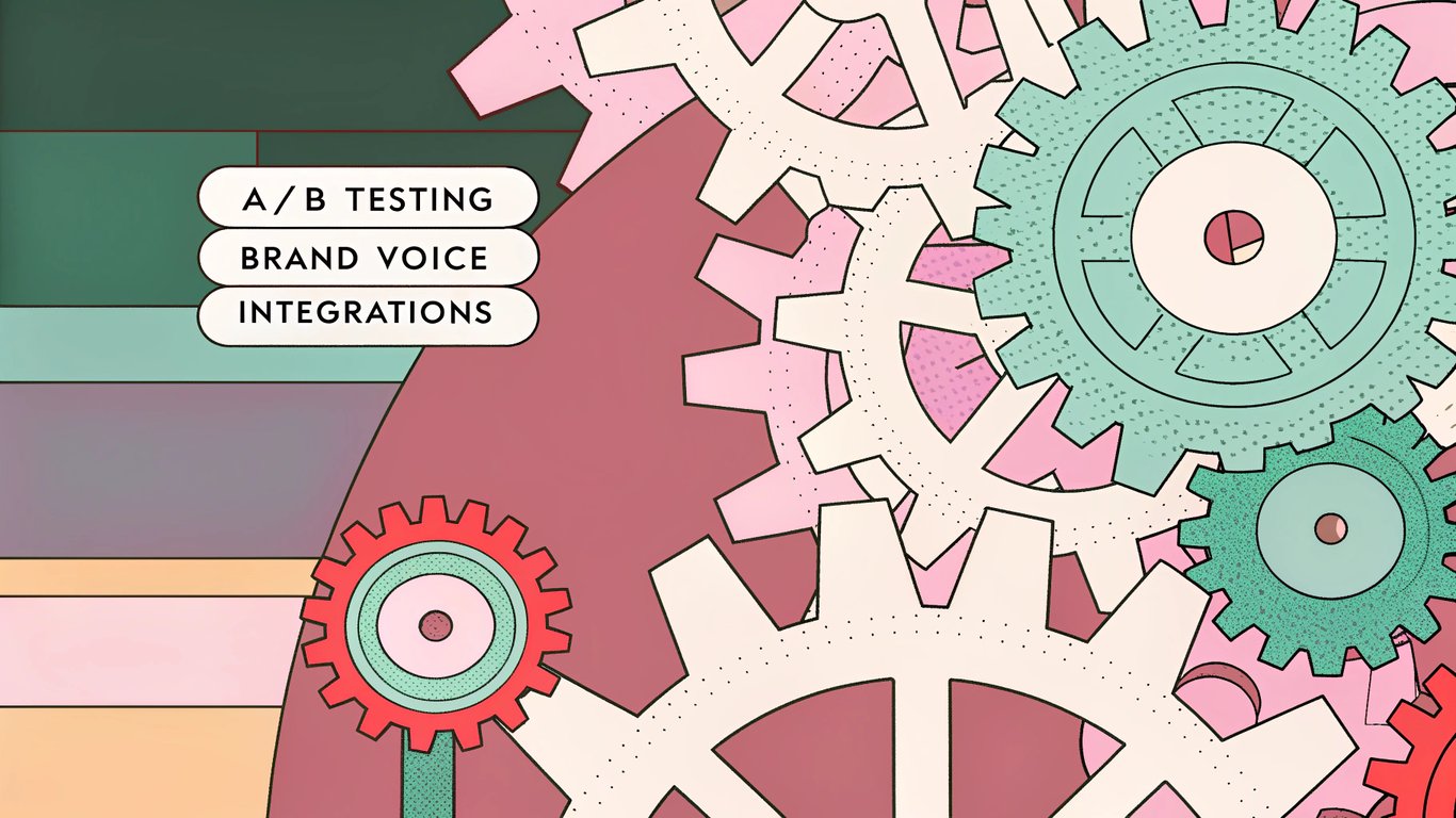 Interconnected gears representing AI copywriting tool features like A/B testing and brand voice