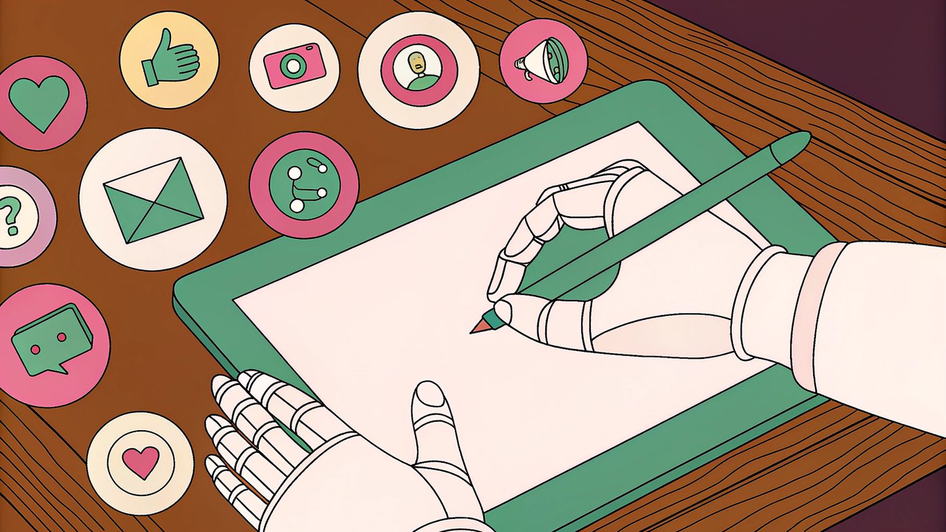 AI robot hand writing marketing copy on a tablet, surrounded by marketing icons