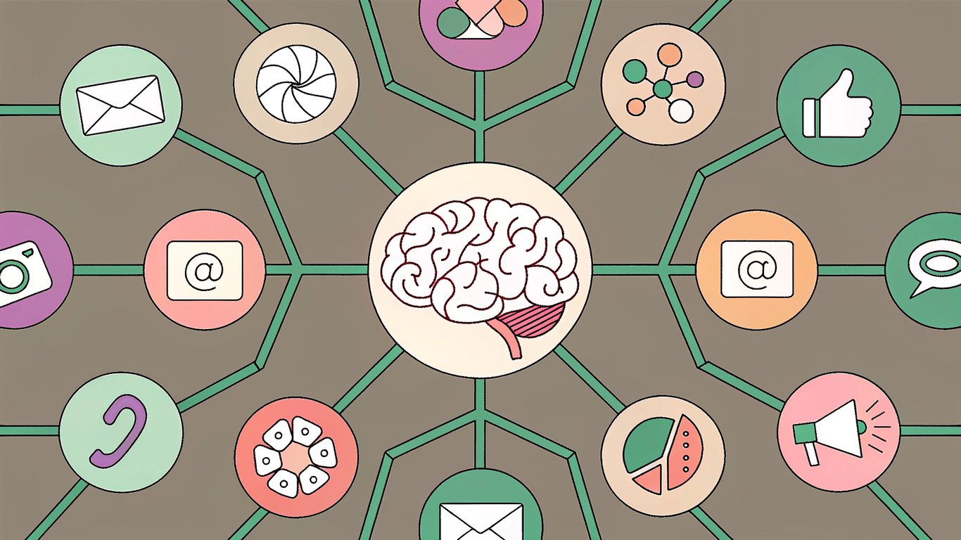 Marketing platform logos connected to a central AI brain, symbolizing seamless integration