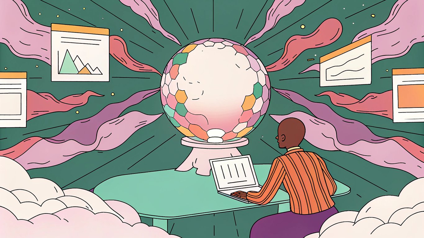 A futuristic workspace with a human content creator collaborating alongside a glowing AI orb, surrounded by data streams and SEO metrics, set against a vibrant, dynamic backdrop.