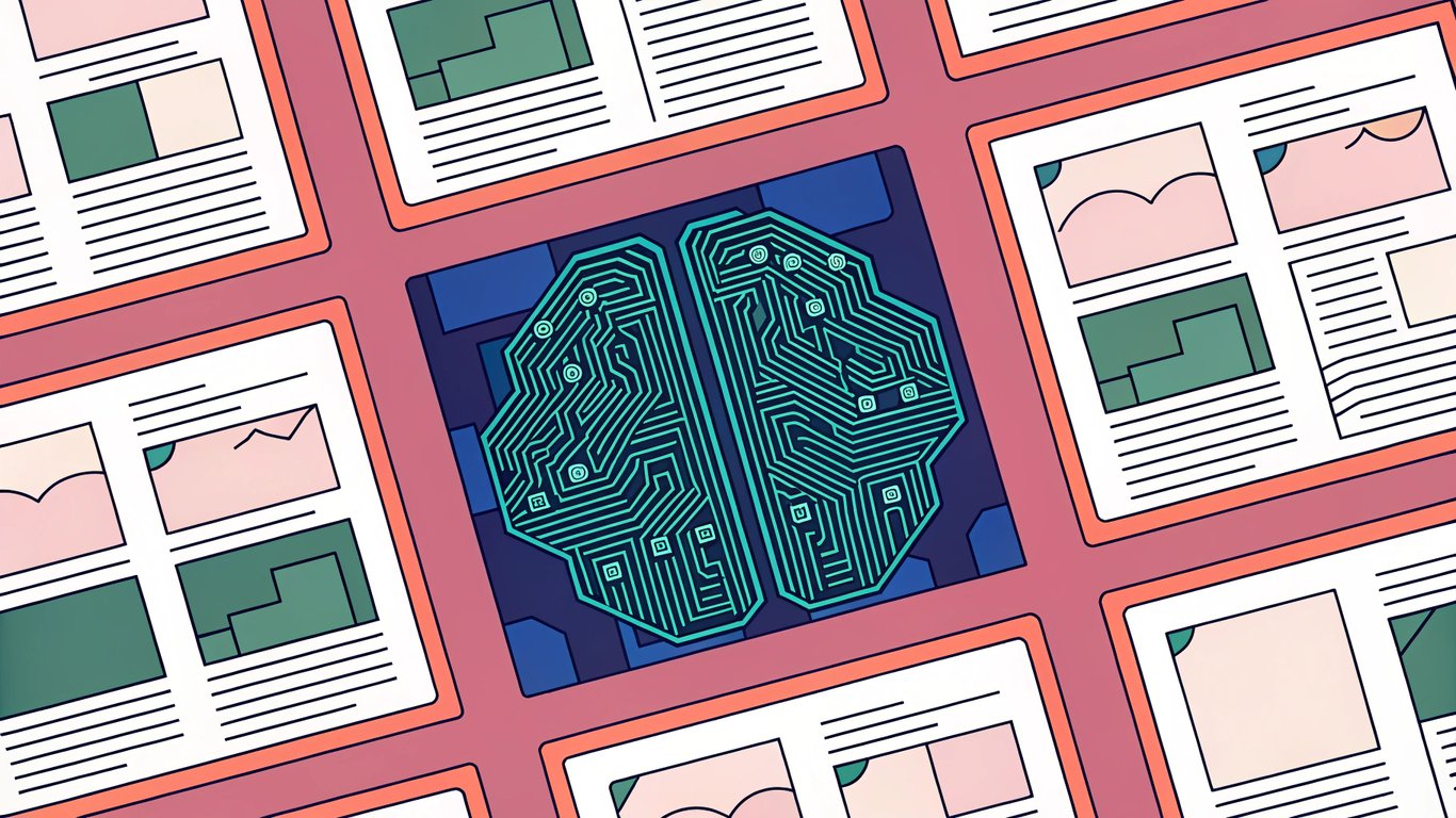A futuristic interface with glowing blue circuits forming a brain shape, surrounded by a digital grid of content elements like text and images, with a faint neural network background.