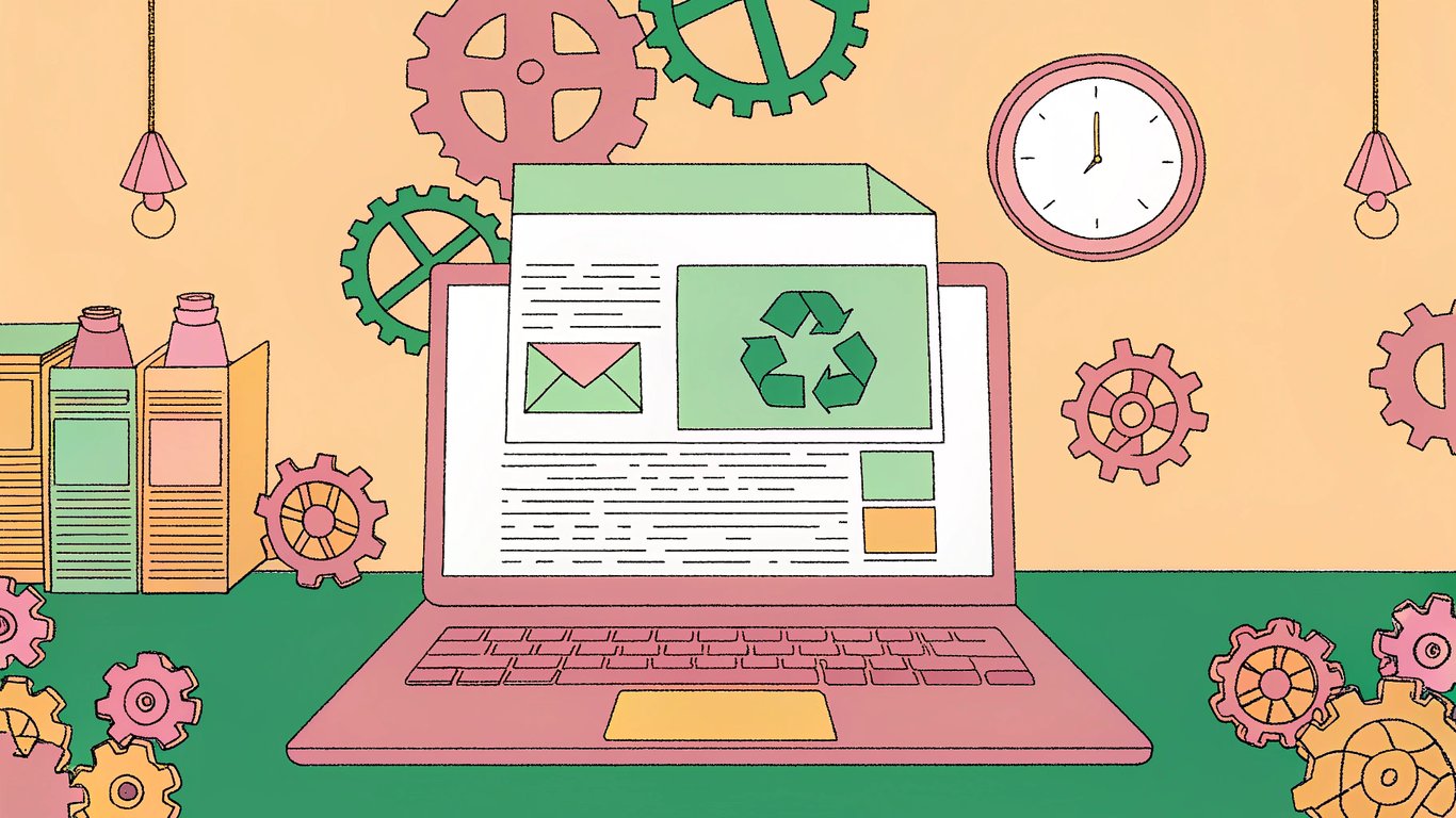 A laptop on a desk showing a blog post, with a newsletter being crafted beside it, surrounded by recycling symbols and gears, all under a clock.
