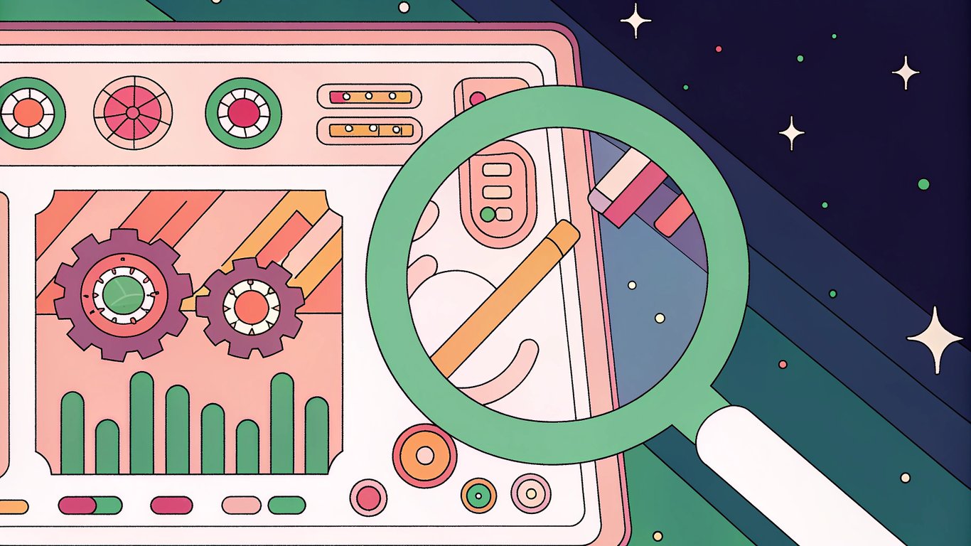 A futuristic digital interface with glowing data points, gears, and metrics, symbolizing AI content analysis. A magnifying glass hovers over a vibrant, dynamic graph, representing scrutiny of performance.