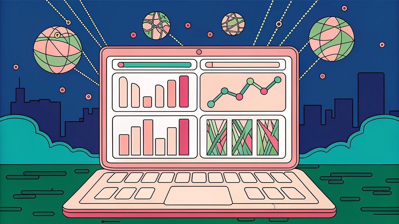A sleek, futuristic WordPress dashboard on a glowing laptop screen, surrounded by floating holographic charts and AI neural network nodes, with a subtle 2025 digital skyline in the background, all bathed in cool blue and neon accents. The scene conveys cutting‑edge SEO analytics and AI integration for modern publishers.