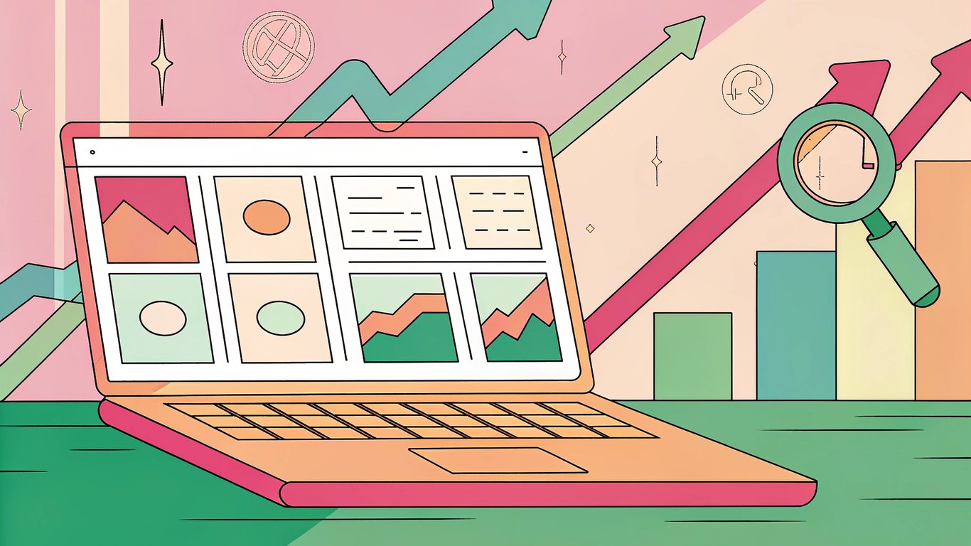 A sleek, futuristic workspace shows a laptop with a WordPress dashboard, surrounded by floating icons of Google, YouTube, and AI, with a rising bar graph and glowing magnifying glass. Vibrant neon blues and greens give it a high‑tech, dynamic feel.