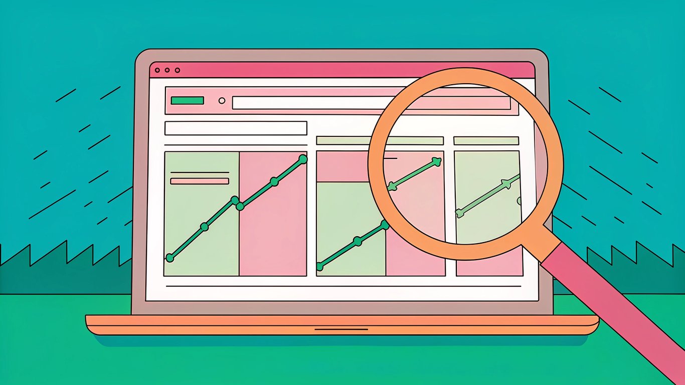 A sleek laptop screen displays a WordPress dashboard with a prominent SEO checklist and a glowing magnifying glass hovering over the settings, surrounded by ascending graph lines and subtle digital glow, all set against a clean, bright background.