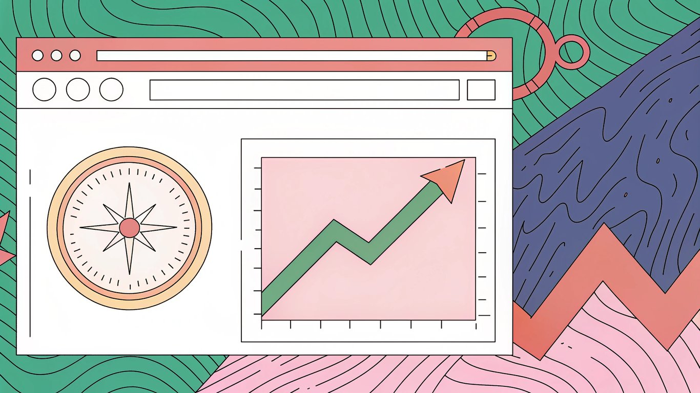 Vibrant, stylized illustration of a WordPress dashboard interface with a glowing search engine icon, a rising line graph, and a digital compass overlay, all set against a deep blue and teal gradient background. The composition conveys the dynamic interplay of CMS control, indexing, and SEO performance.