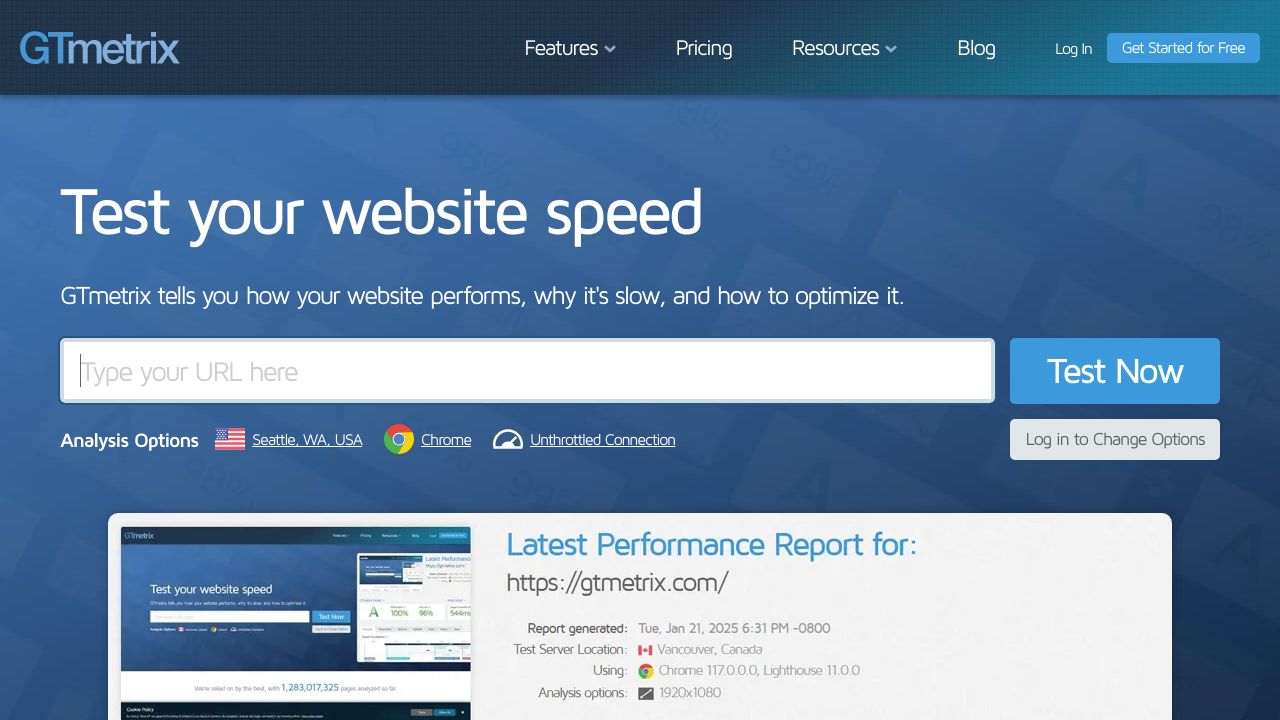 Screenshot of GTmetrix website performance report, displaying metrics like PageSpeed Score, YSlow Score, and fully loaded time.