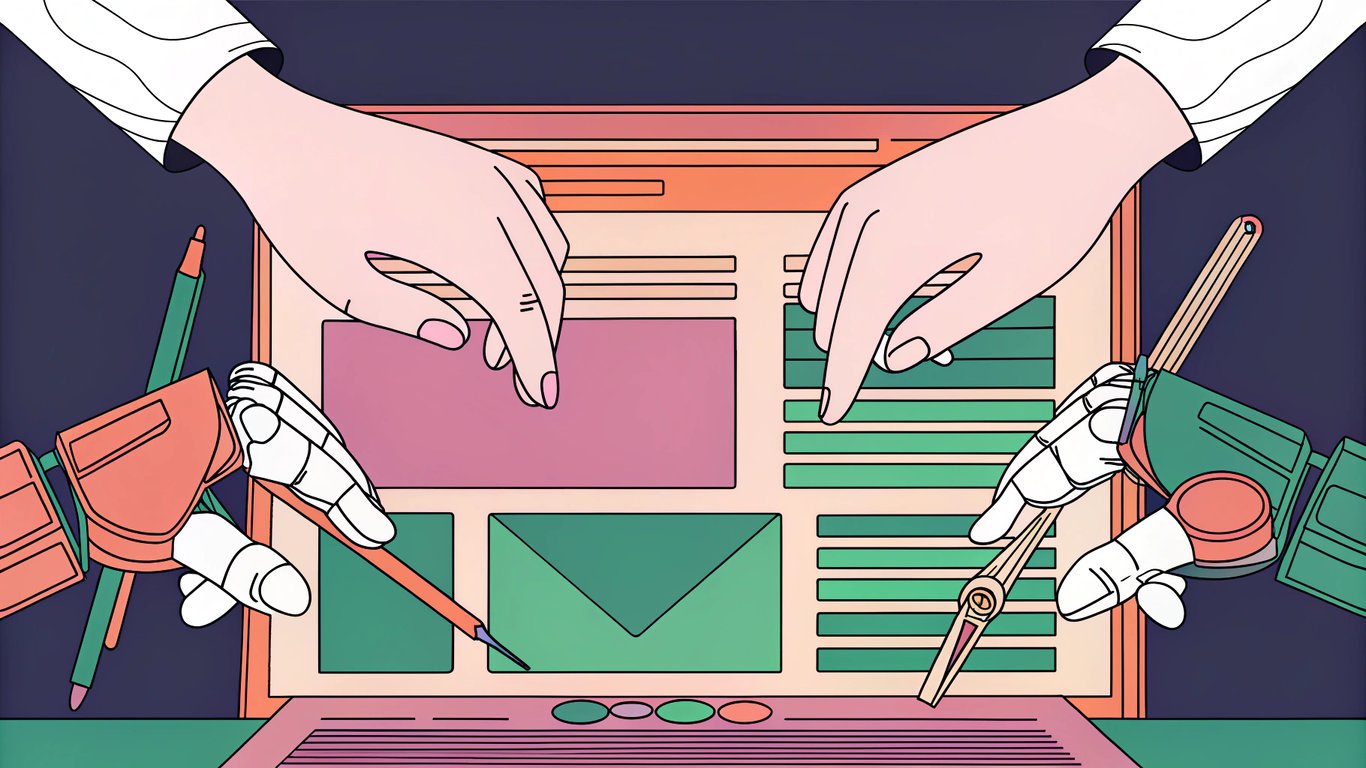 A human hand and a robotic hand collaborating on a document, representing a hybrid AI-human content strategy.