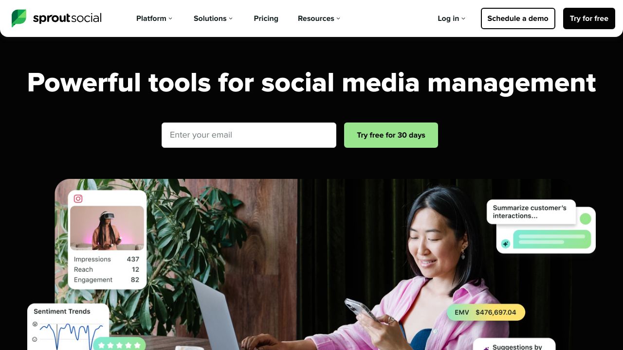 Sprout Social social media management platform homepage.
