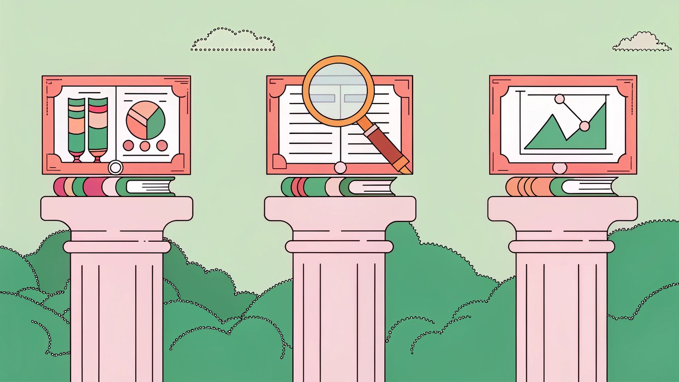 Three interconnected pillars representing SEO Audits, Content Research, and Rank Tracking.