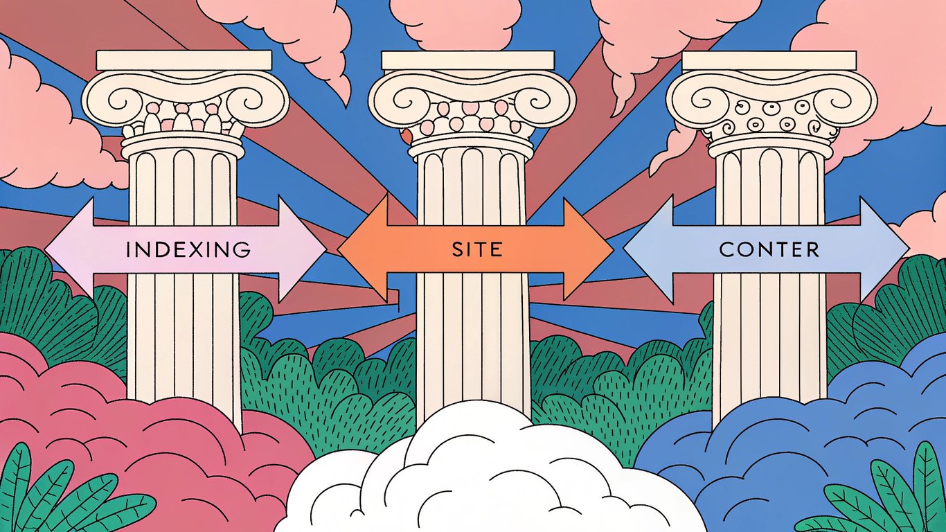 Diagram showing three interconnected pillars representing Indexing, CMS Behaviors, and Site Owner Control, illustrating their constant interaction.