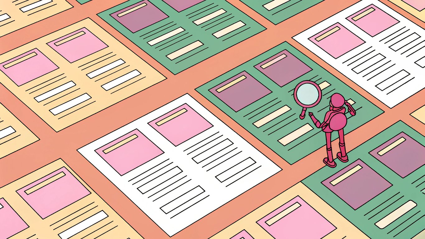 Illustration of a search engine bot crawling web pages and indexing them into a database.