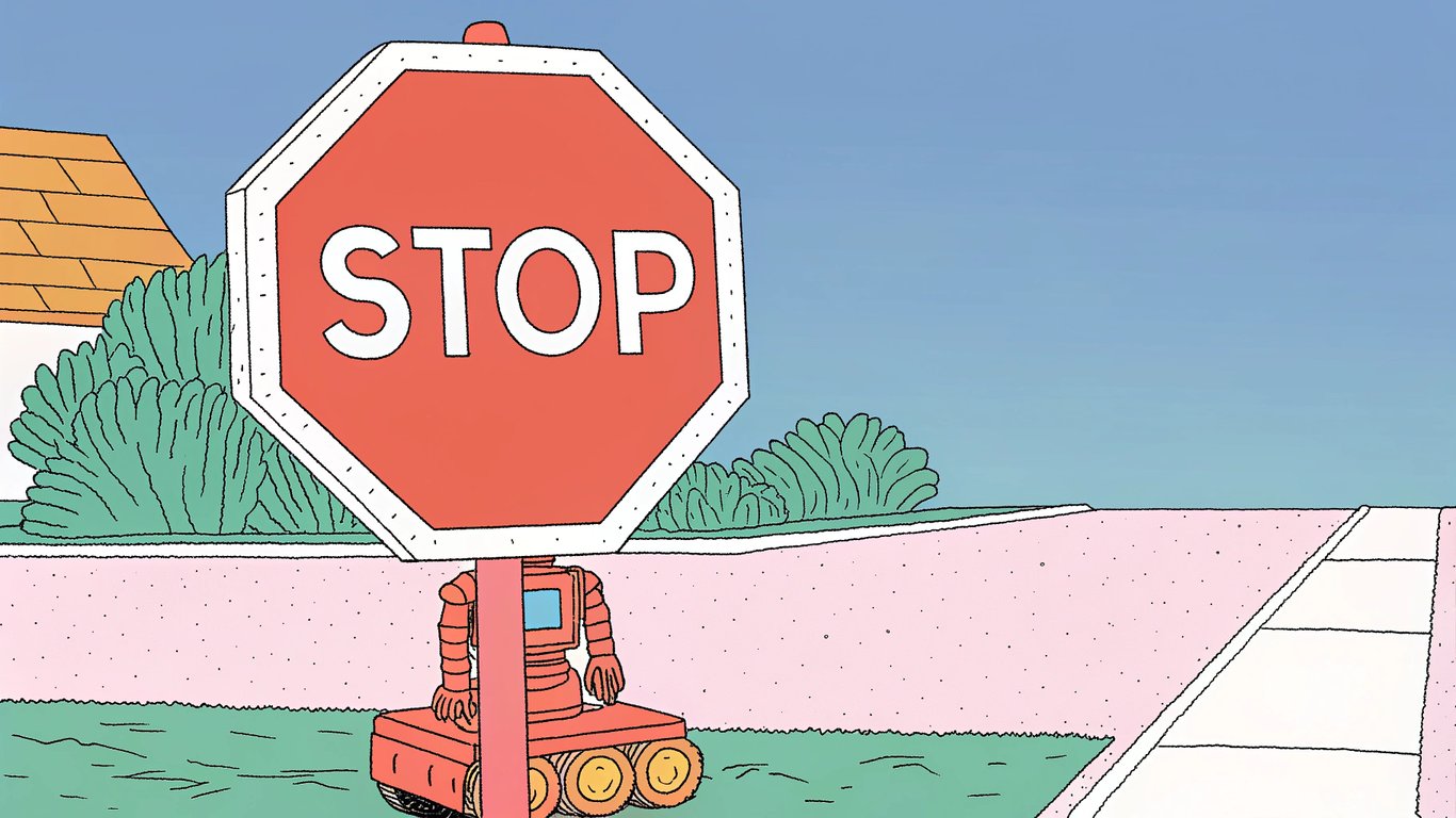 Illustration of a stop sign blocking a search engine robot, representing the 'Discourage search engines' setting.