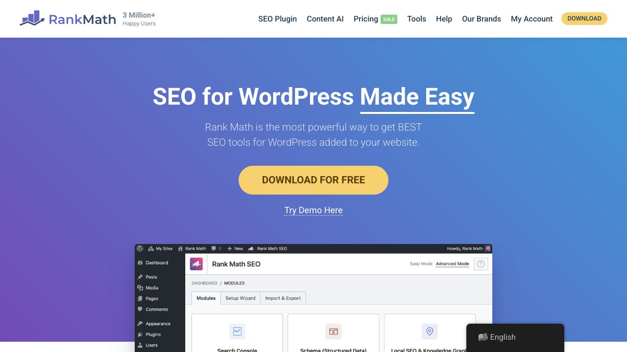 Screenshot of the Rank Math SEO plugin interface within WordPress, highlighting its features