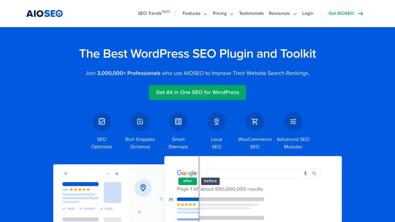 Screenshot of the AIOSEO website interface, showcasing its features.