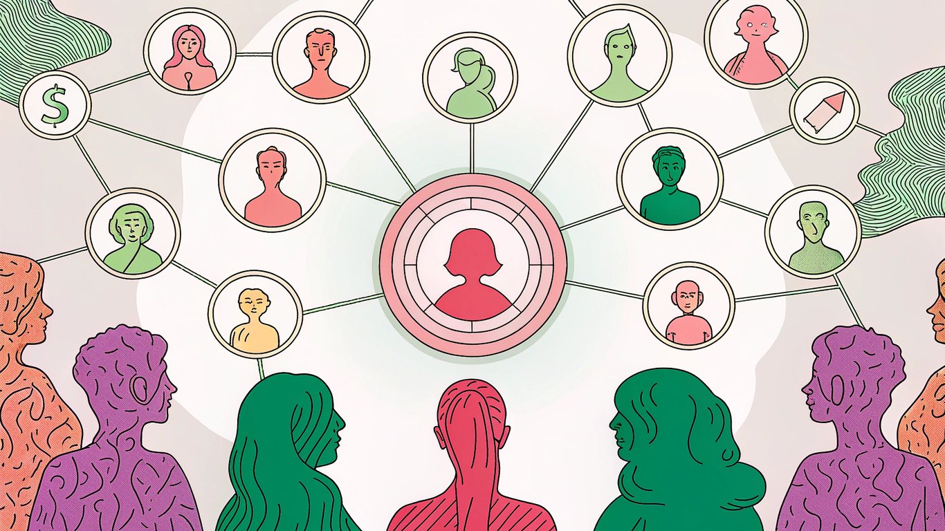 silhouettes of diverse people surrounded by floating icons of age, gender, location, profession, interests, challenges, and motivations, a glowing target at the center, subtle social media symbols and analytics charts in the background, flowing lines connecting all elements