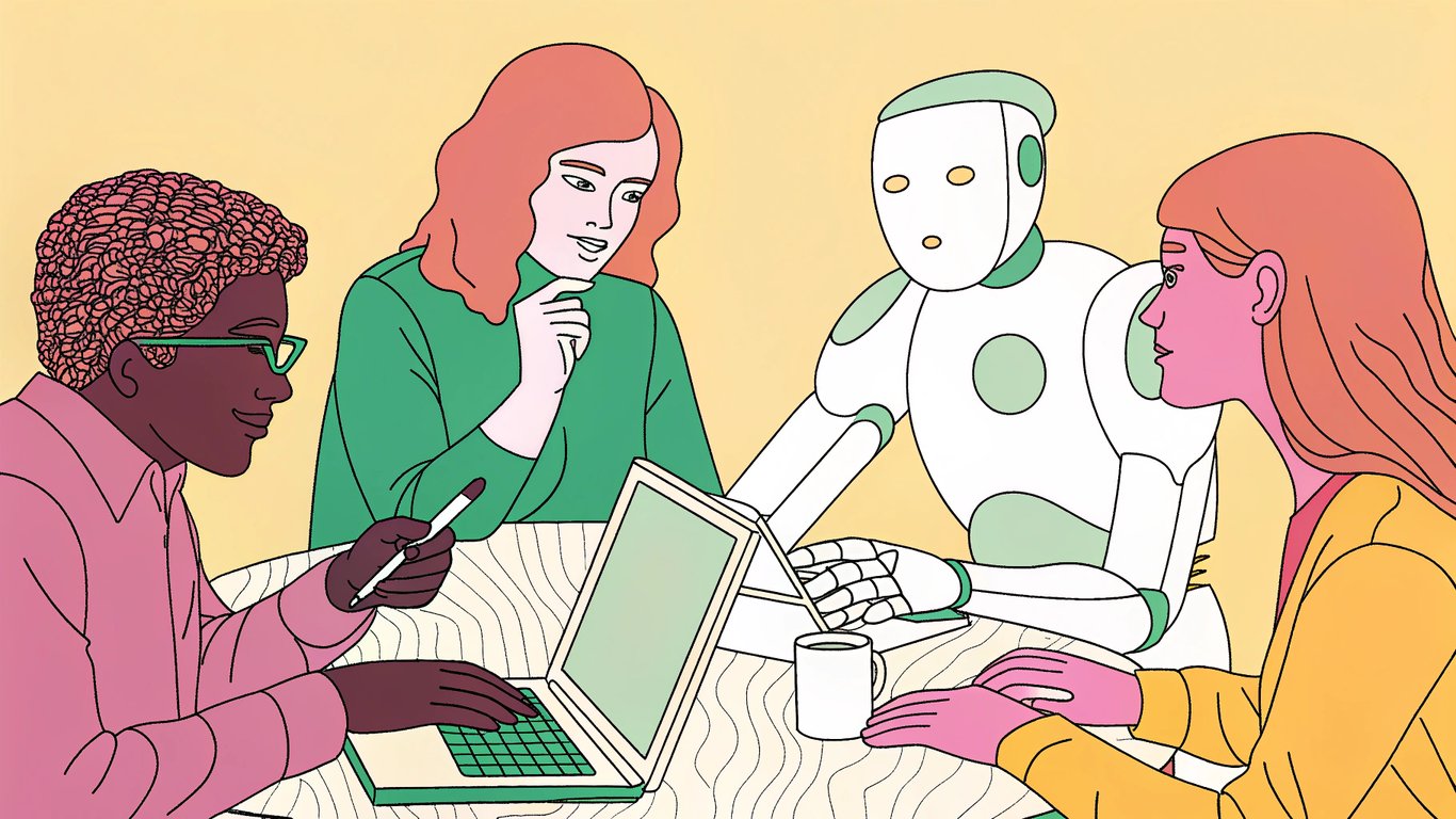 a diverse team brainstorming around a table, a shadowy figure in a mask holding a pen, a freelancer typing on a laptop in a coffee shop, a sleek robot with a glowing screen drafting an article