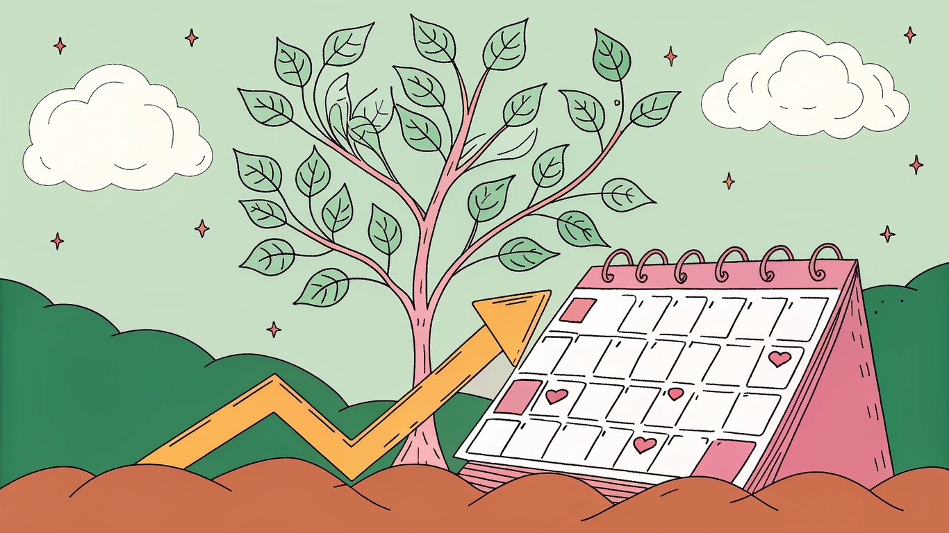 A seedling growing into a sturdy tree, its branches studded with glowing blog post icons, a calendar with fading months, and a golden arrow climbing upward.