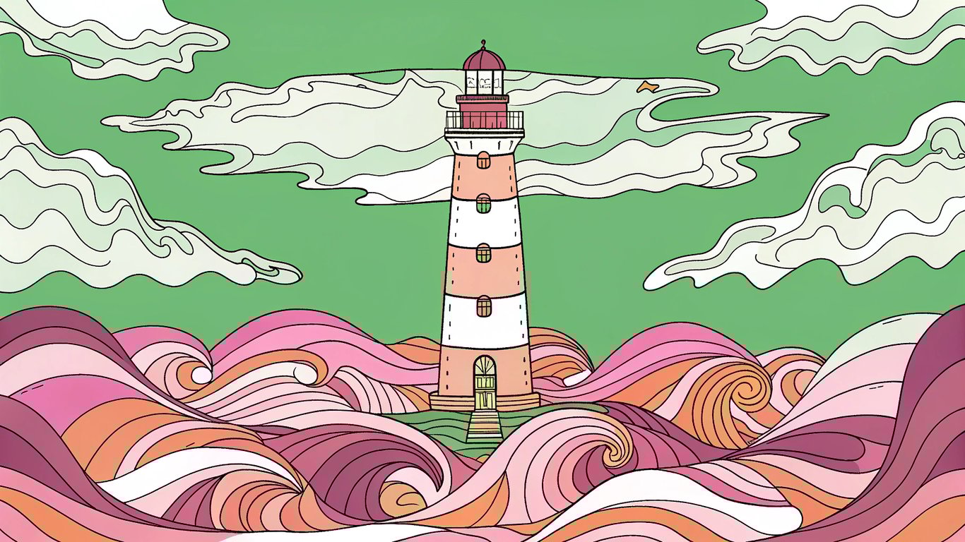 a lighthouse amid swirling social media waves and hovering AI drones, representing blogging's steady guidance, a calm sea of credibility, a horizon of long-term ROI