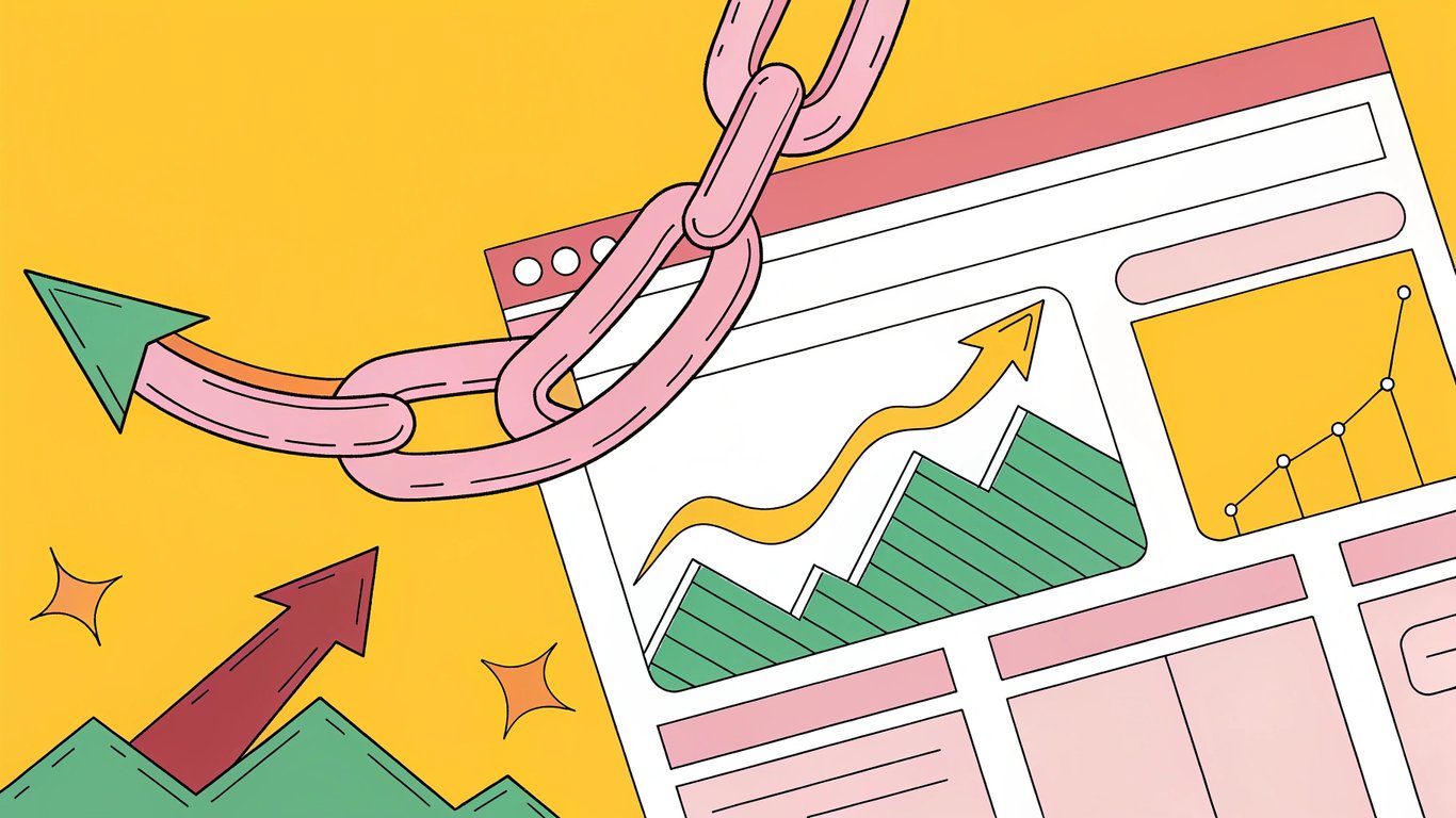 A web page with a glowing link arrow pointing to a competitor domain, looping back to the original page, surrounded by upward trending arrows and data charts, representing traffic flow and SEO gains