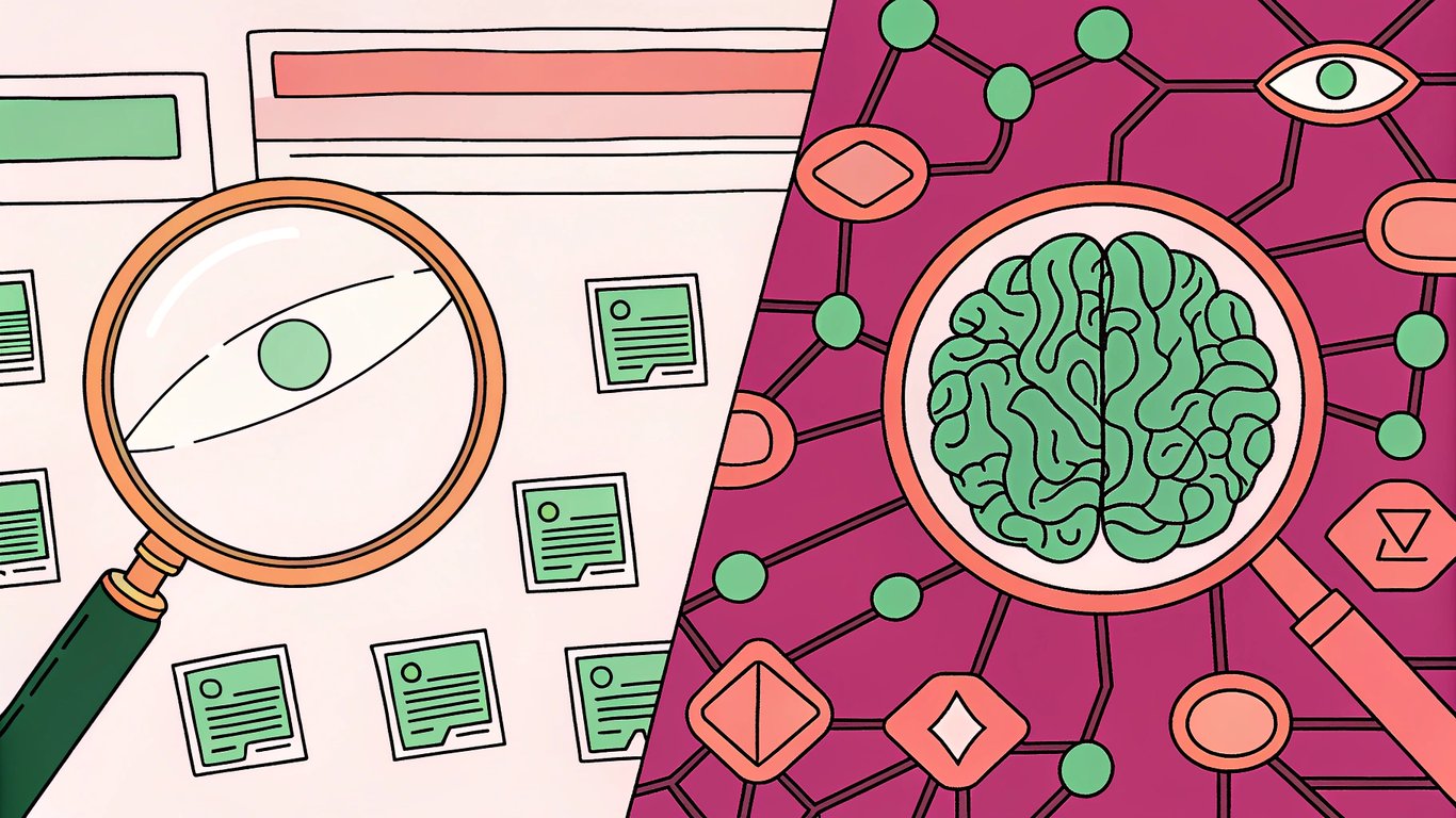 Comparison of traditional keyword-focused content strategy versus AI-powered strategy emphasizing structured data and authority.