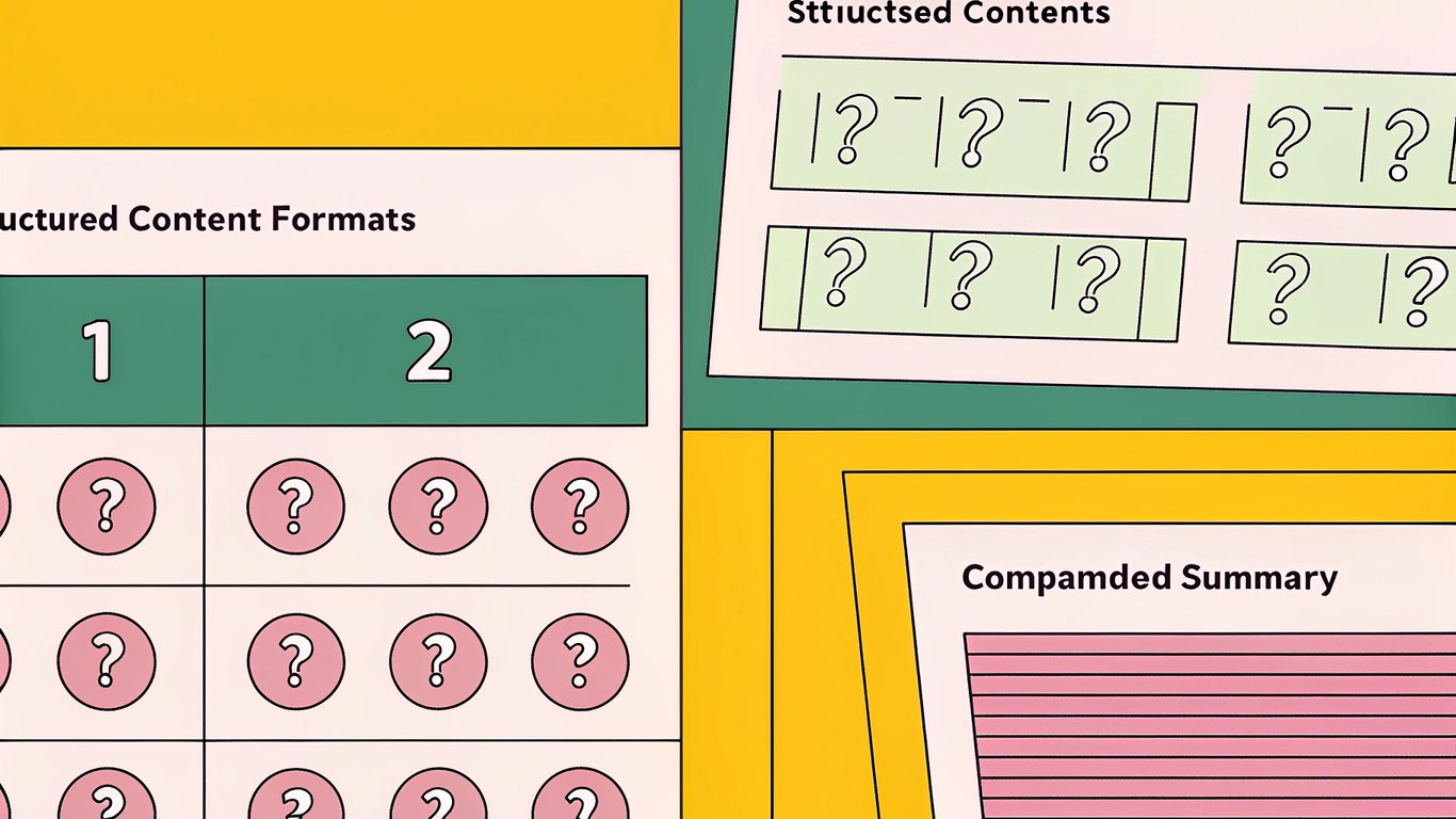 Visual representation of AI-favored content formats like FAQs, step-by-step guides, comparison tables, and summary boxes.
