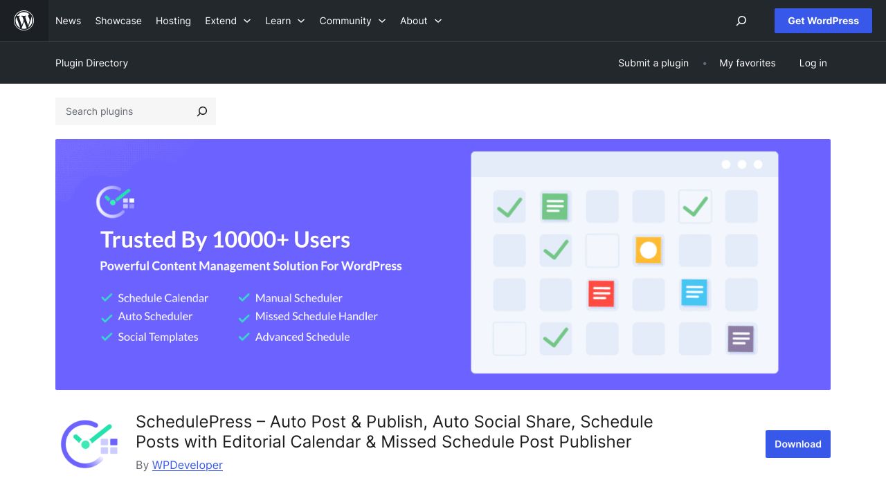 Screenshot of the WP Scheduled Posts plugin page within WordPress.