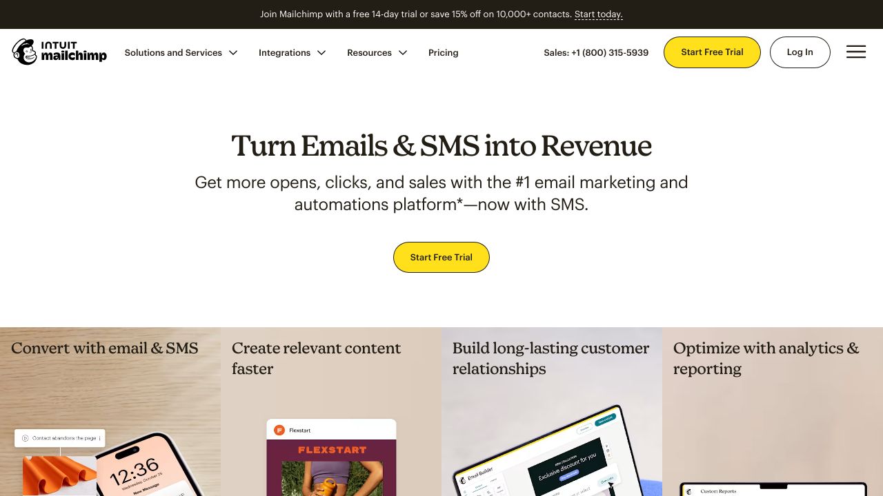 The Mailchimp dashboard interface, showing options for email campaign creation and audience management.