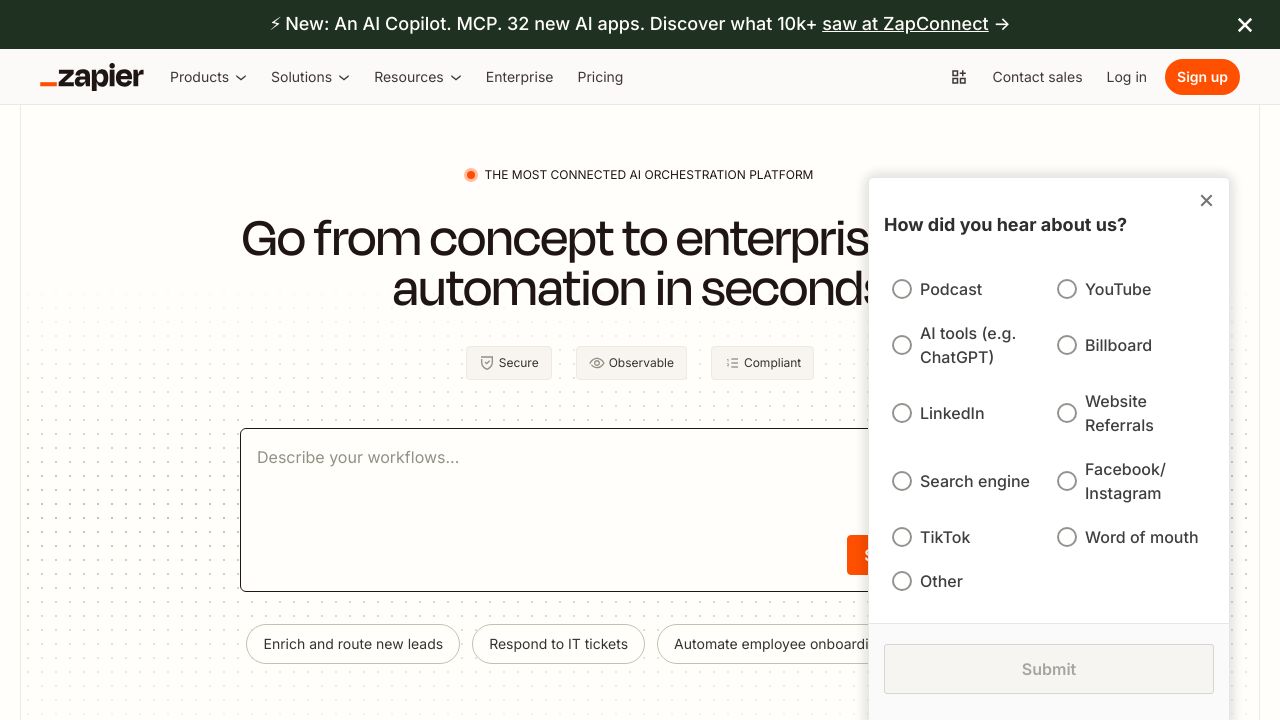 The Zapier interface, displaying a workflow being configured with different app integrations and trigger/action steps.