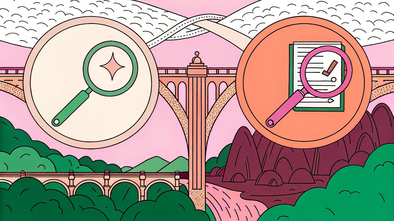 Illustration of a bridge connecting a search icon to a content icon, symbolizing keywords.