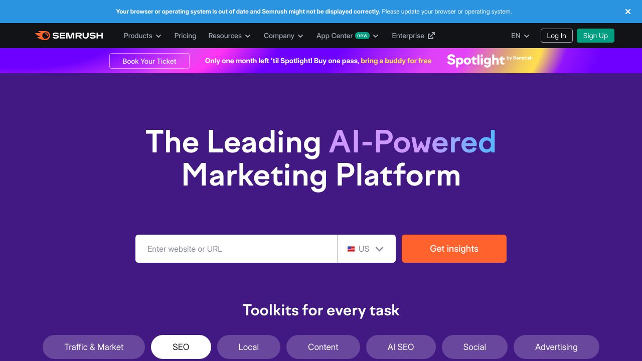 Screenshot of the Semrush homepage, a premium SEO and keyword research platform.