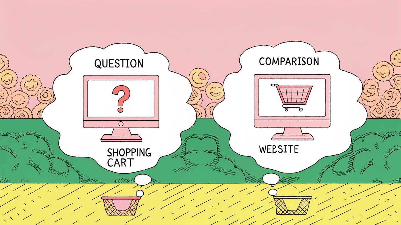 Four thought bubbles representing different search intents: informational (question mark), commercial (scales), transactional (shopping cart), and navigational (website logo).