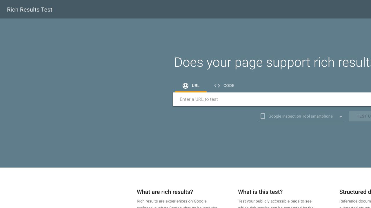 Google Rich Results Test tool interface with a URL input field.