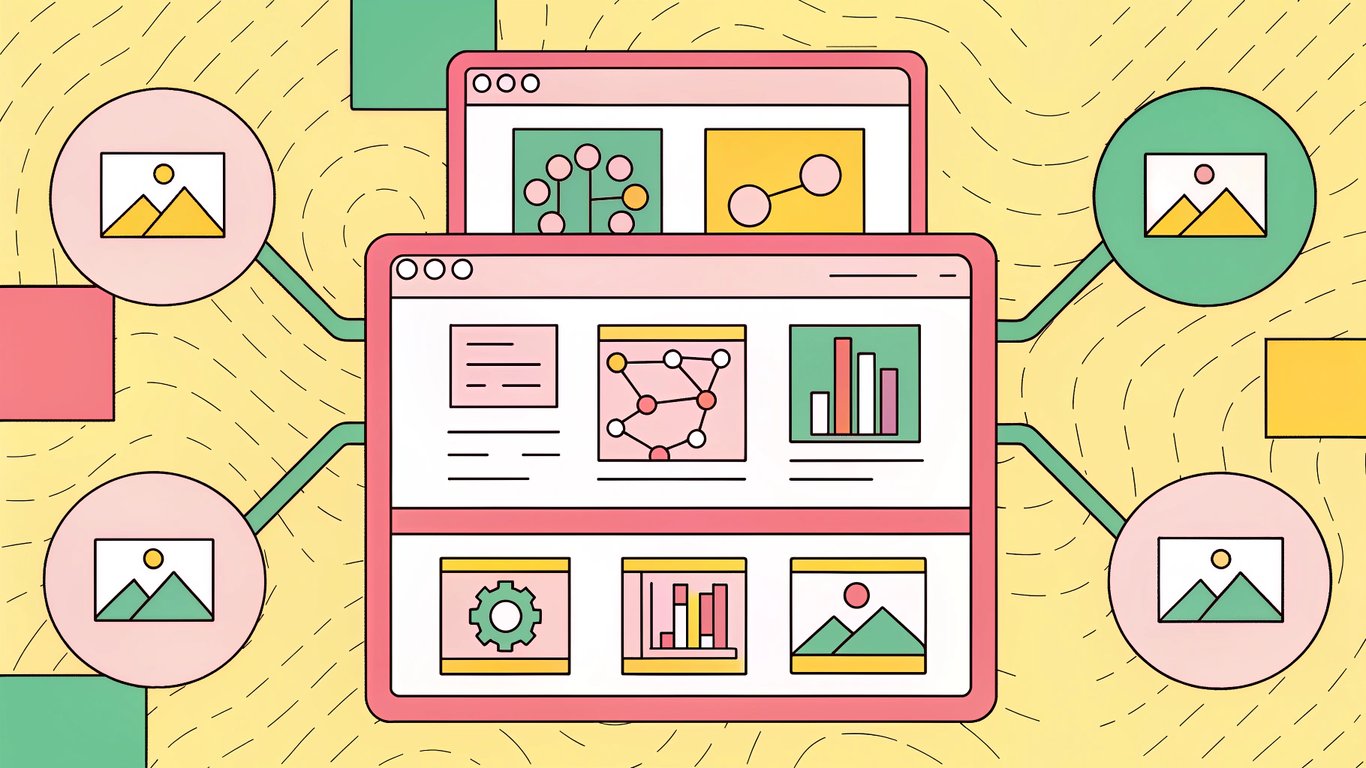 Digital illustration of an ideal WordPress SEO plugin dashboard with icons for optimization, sitemaps, schema, and performance.