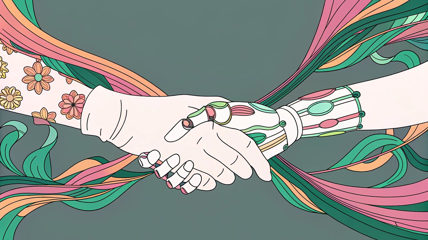 Human and AI hands shaking, representing collaboration in content writing.