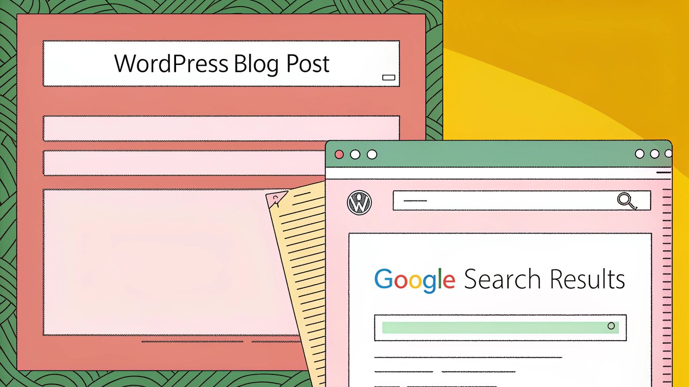 Illustration showing a WordPress post title on a website and a different SEO title in a Google search result snippet.