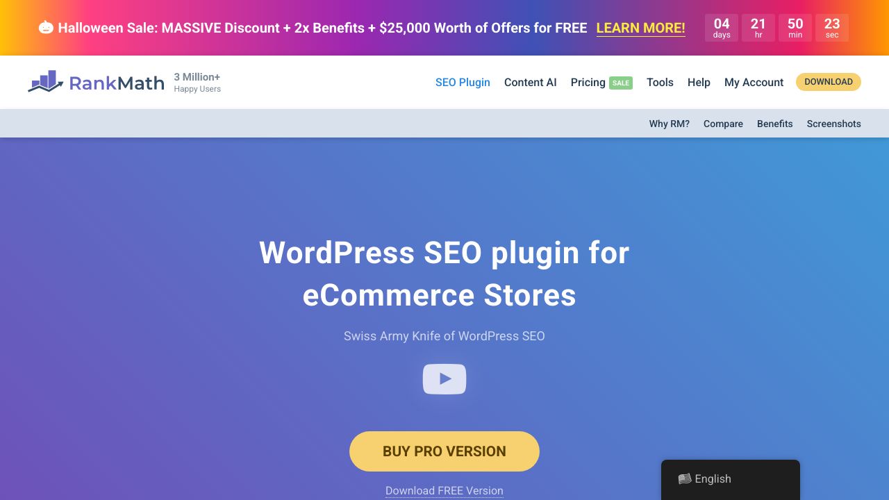 Screenshot of the Rank Math SEO plugin page, indicating its bulk editing capabilities.