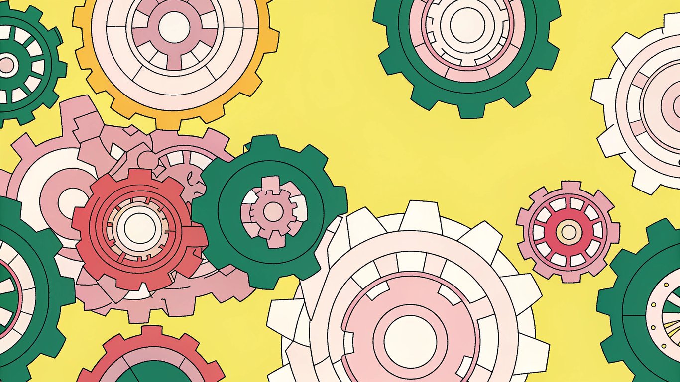 Digital gears and cogs interlinking, representing different SEO plugins collaborating for website optimization.