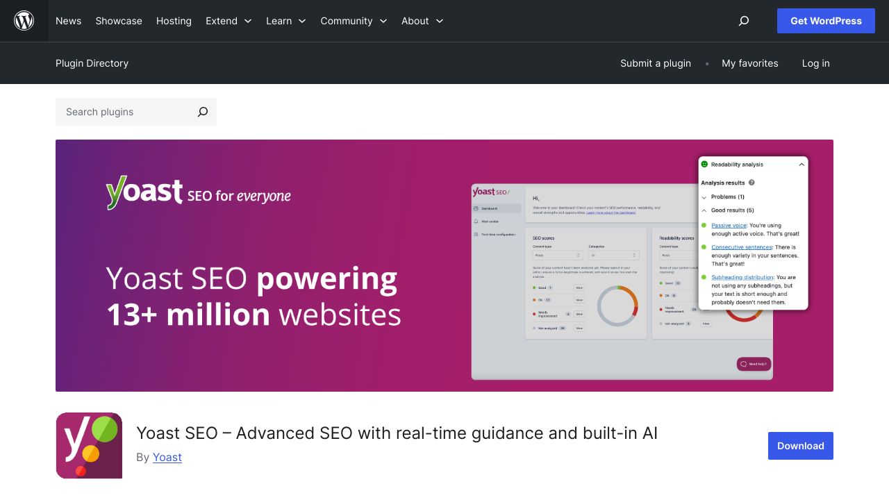 Screenshot of the Yoast SEO plugin interface within WordPress, showing content analysis and readability checks.