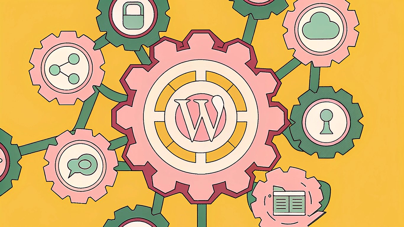 Diagram showing a WordPress logo at the center with interconnected icons for various SEO components like technical audit, content, and keywords.