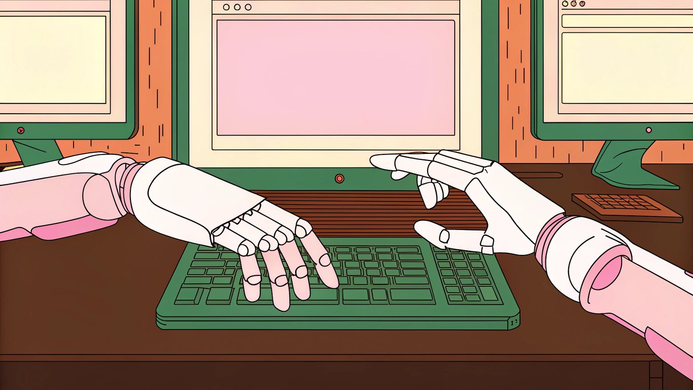 Illustration of an AI robot hand performing SEO tasks on a website, representing modern automated solutions.