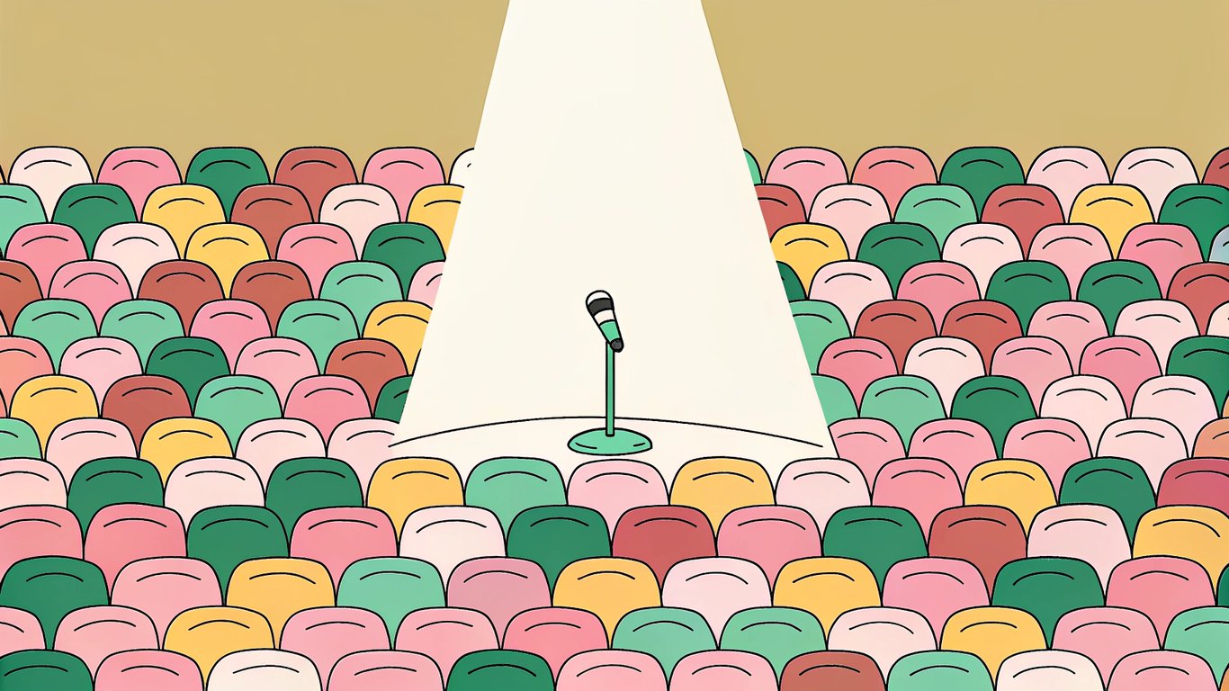 A blog post highlighted by a spotlight in a sea of unlit posts, symbolizing the challenge of standing out.