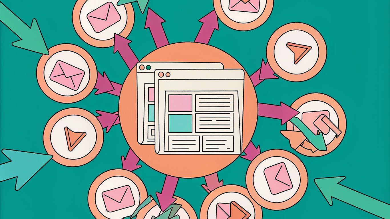 A central blog post icon distributing content to social media, email, and video platforms, illustrating AI-powered content repurposing.