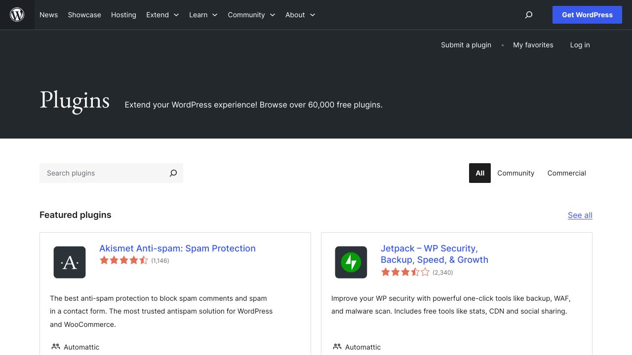 Screenshot of the WordPress plugin directory showcasing various plugins.