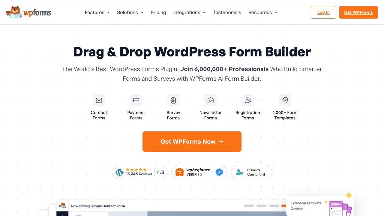 Screenshot of the WPForms website, a popular WordPress form builder.