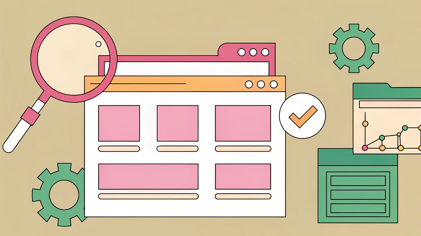 A minimalist illustration of a web page layout with a magnifying glass hovering over a content hierarchy, a plugin icon with a gear and a checkmark, and a stack of organized folders representing categories, all in a clean, modern color palette