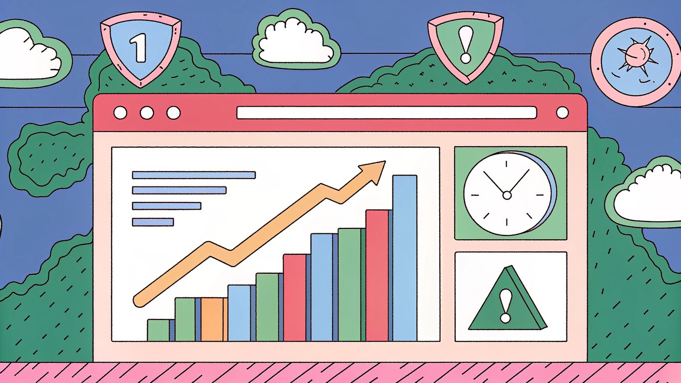 A dashboard view with a rising bar graph of search impressions, a clock showing time passing, a shield symbolizing best practices, and a caution triangle for hidden markup mistakes